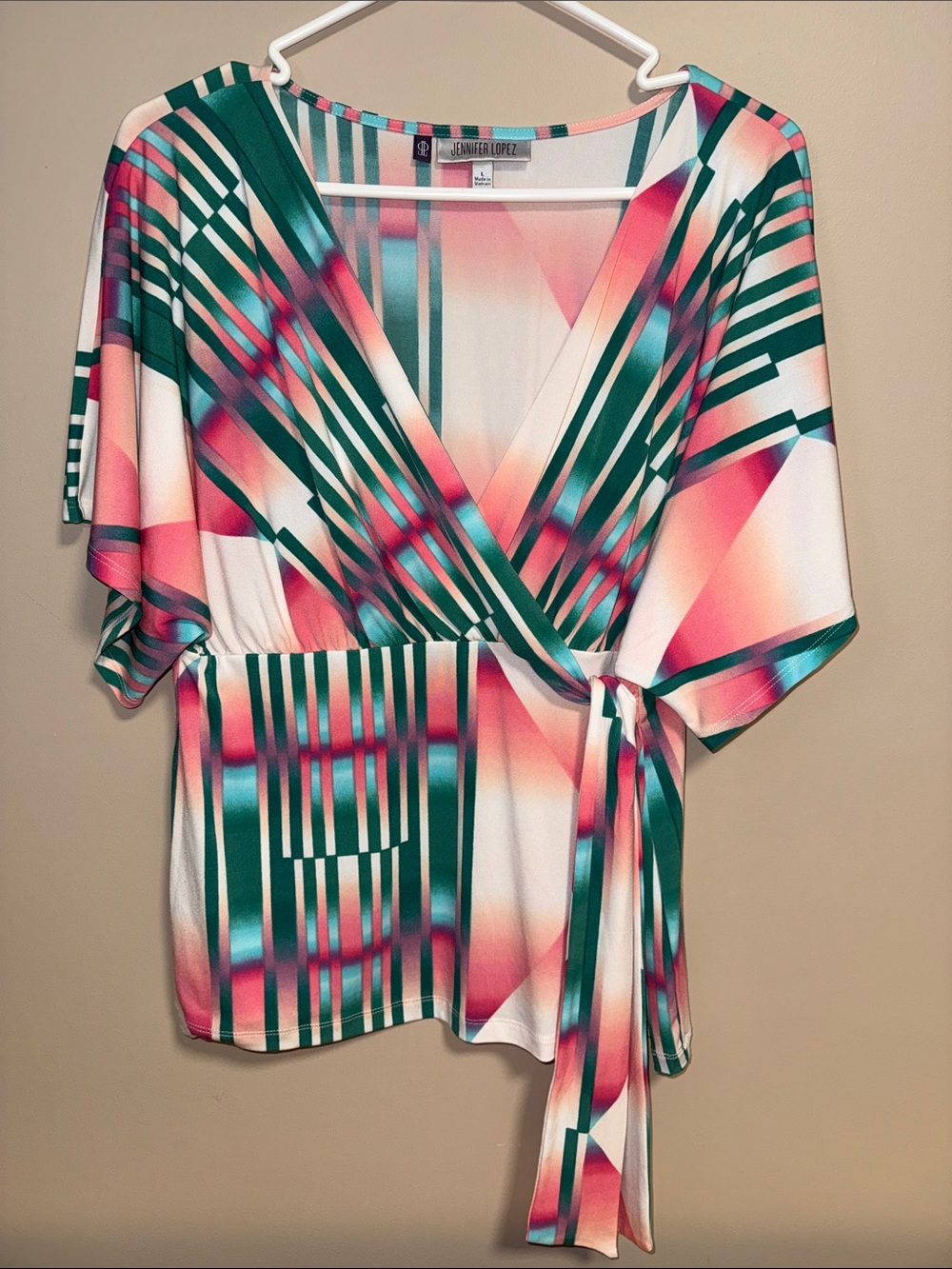 Jennifer Lopez Teal & Coral Geometric Wrap Top